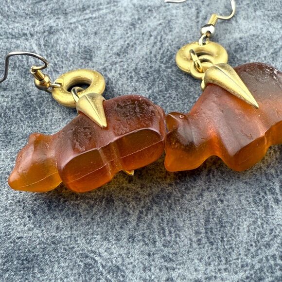 Vintage Bear Gold Tone Dangle Pierced Ear Earrings Pressed Molded Amber (?) - Picture 7 of 12